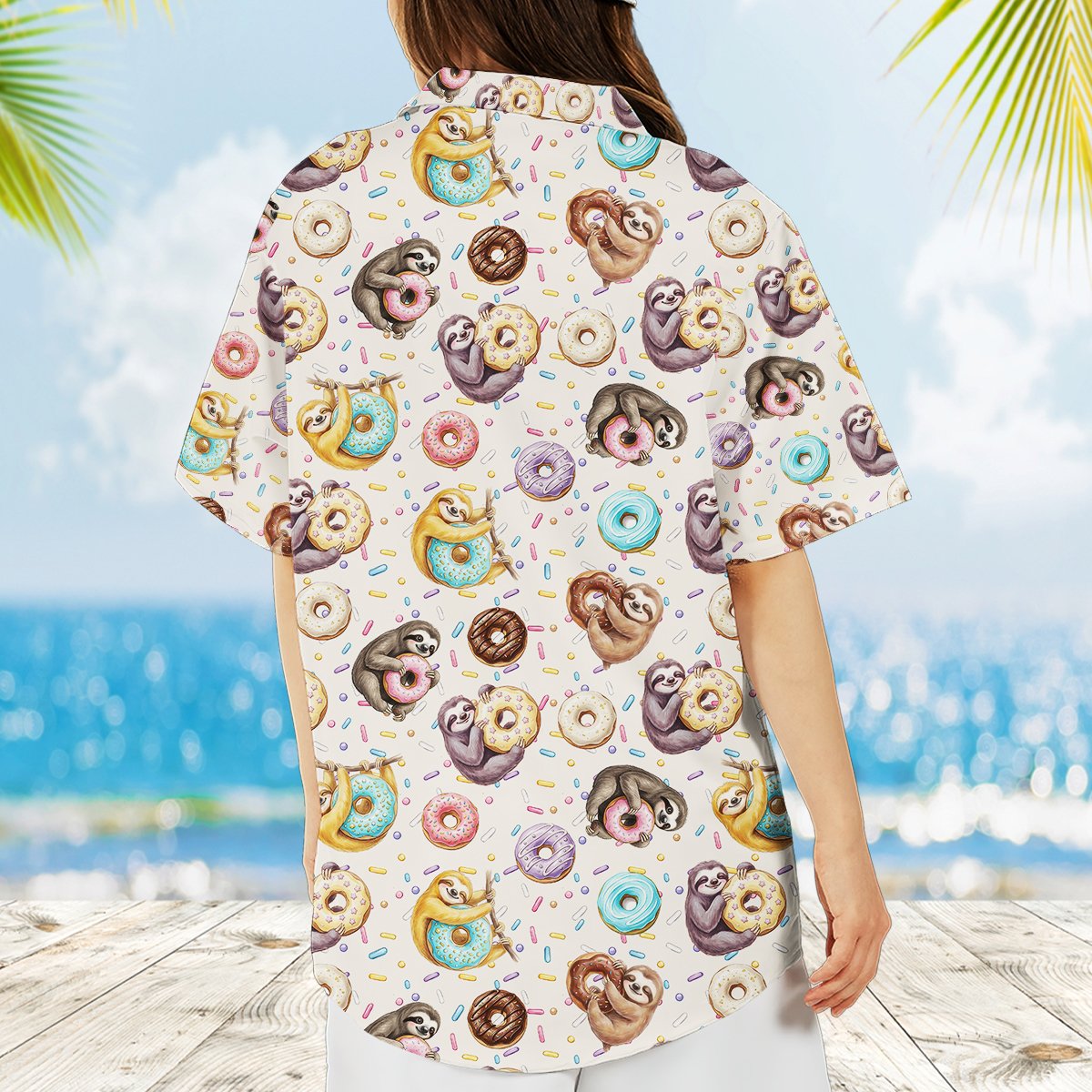 Final lifestyle view of the white sloth hawaiian shirt