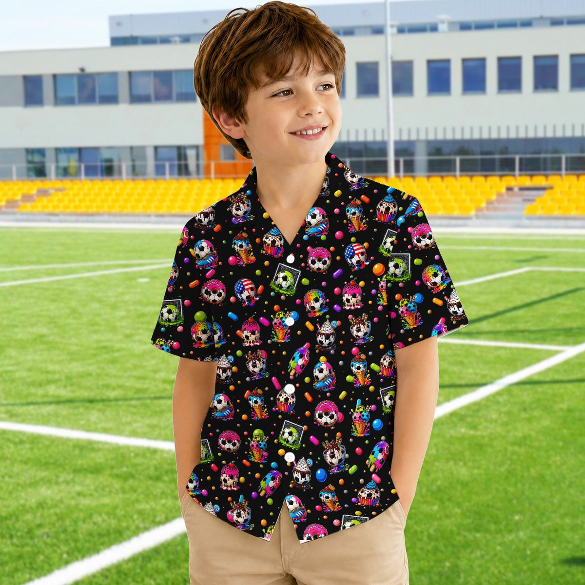 Lifestyle view of a group wearing the matching family Hawaiian shirts in the soccer and sweets design