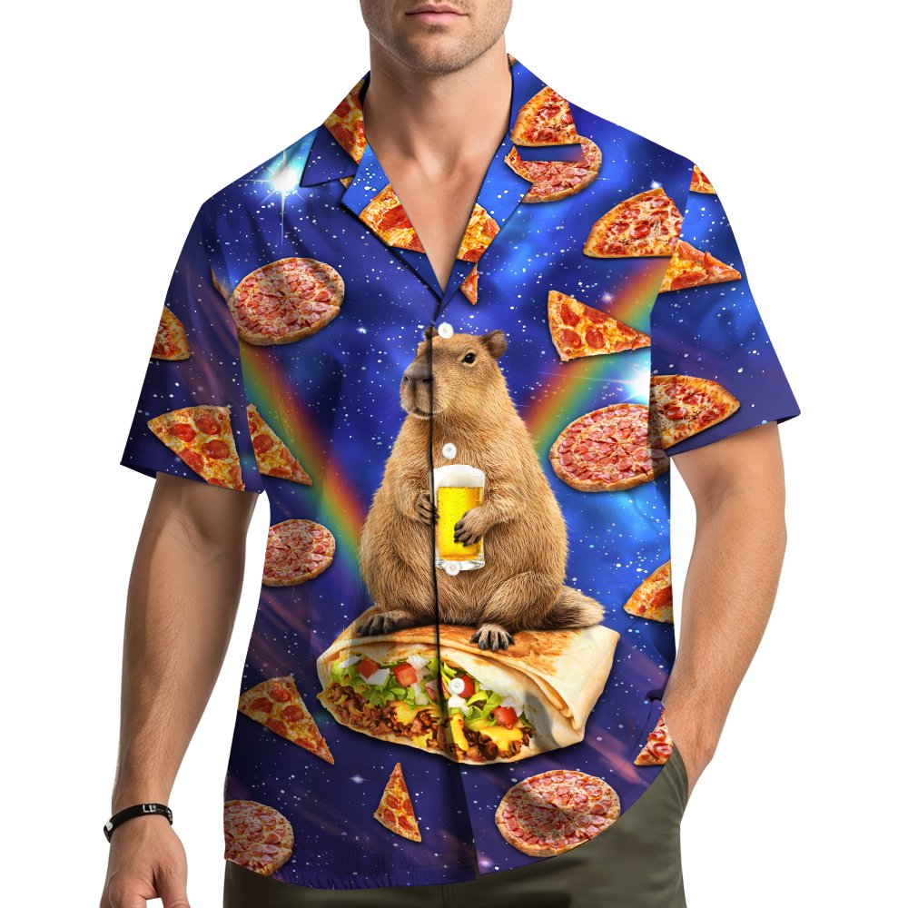 Another lifestyle view showcasing the vibrant colors of the space capybara hawaiian shirt