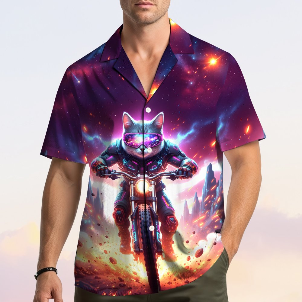 Second lifestyle image showing the space cat hawaiian shirt in action