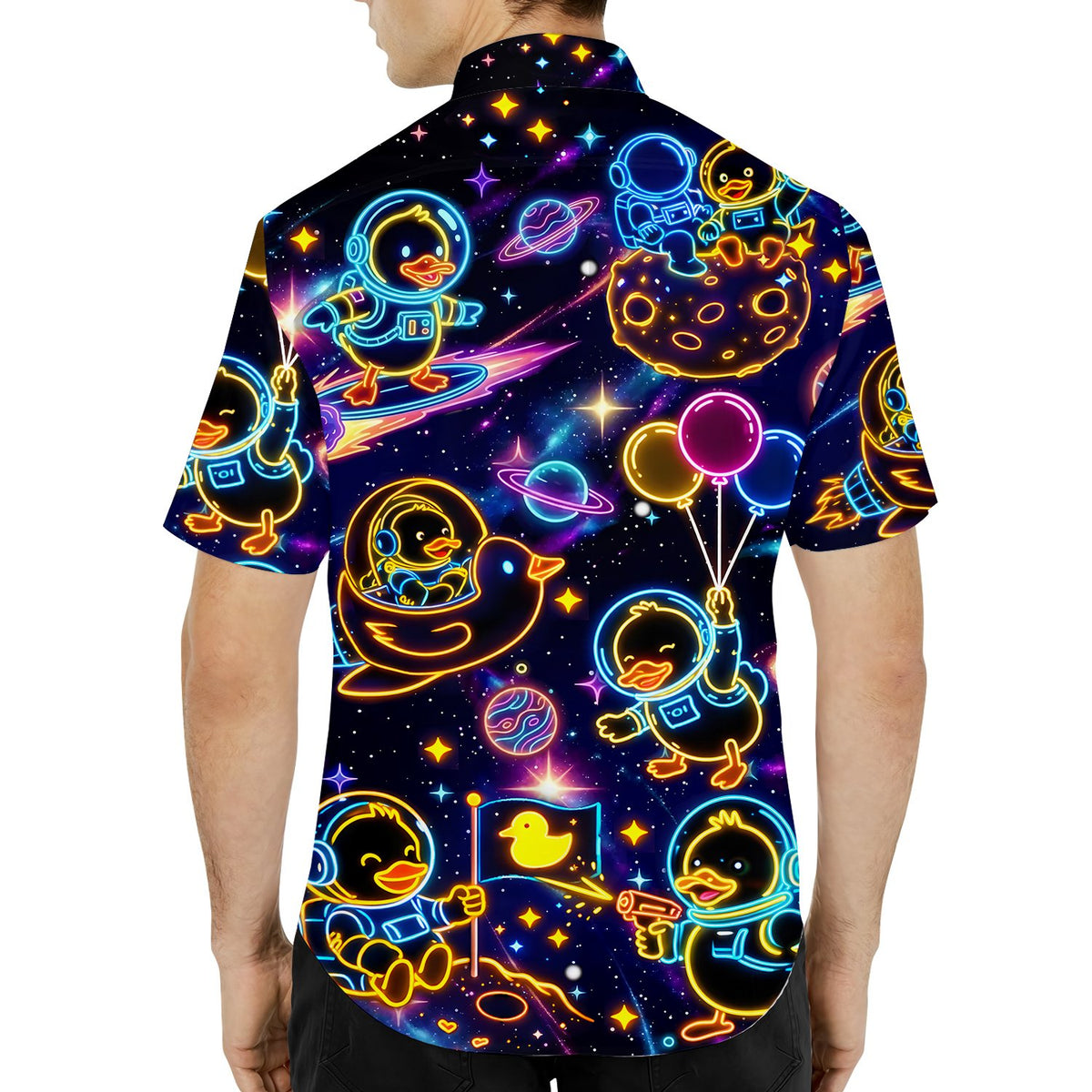 Third lifestyle view featuring the space galaxy astronaut birds Hawaiian shirt