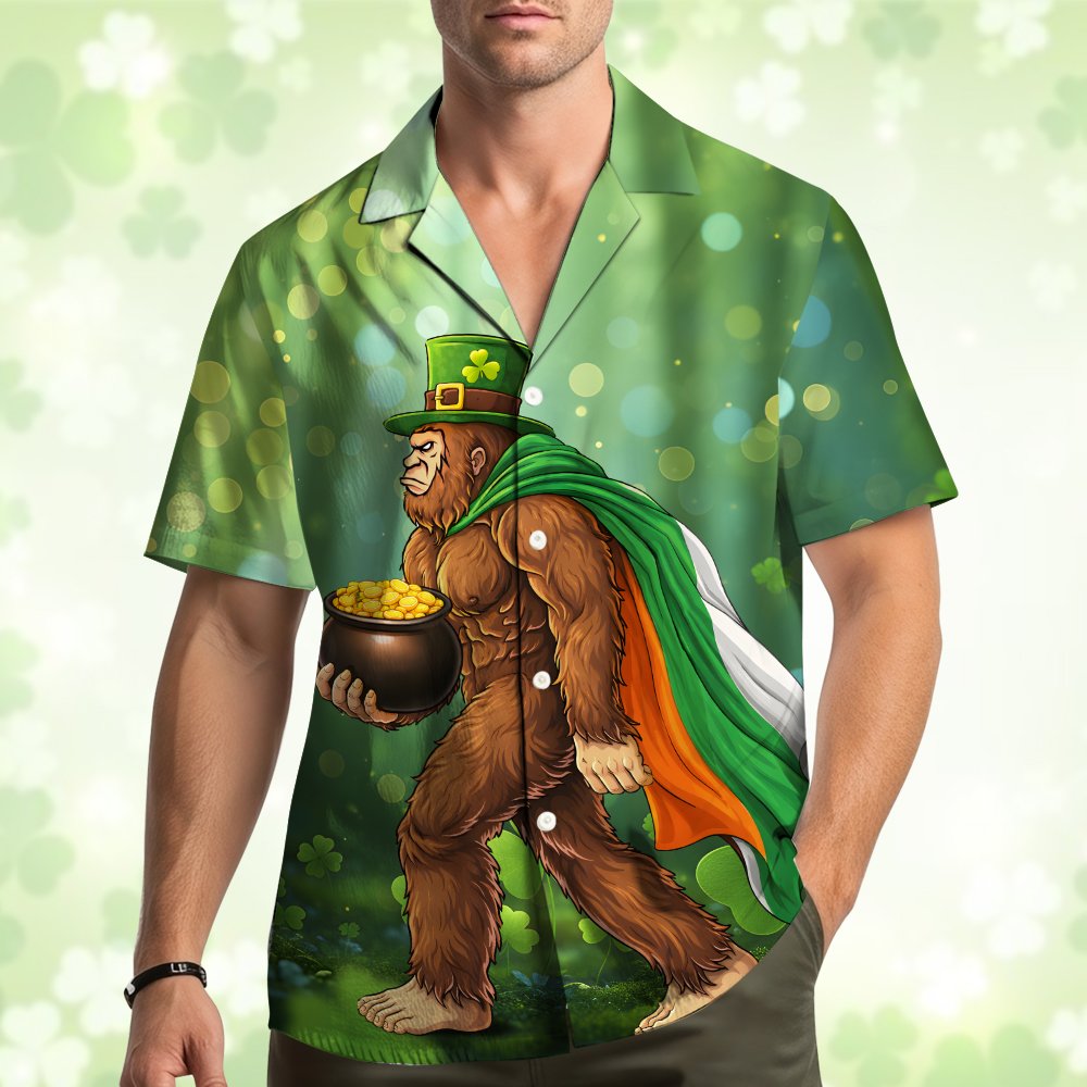 Lifestyle view of the St. Patrick's Day Bigfoot Hawaiian Shirt being worn in a festive setting