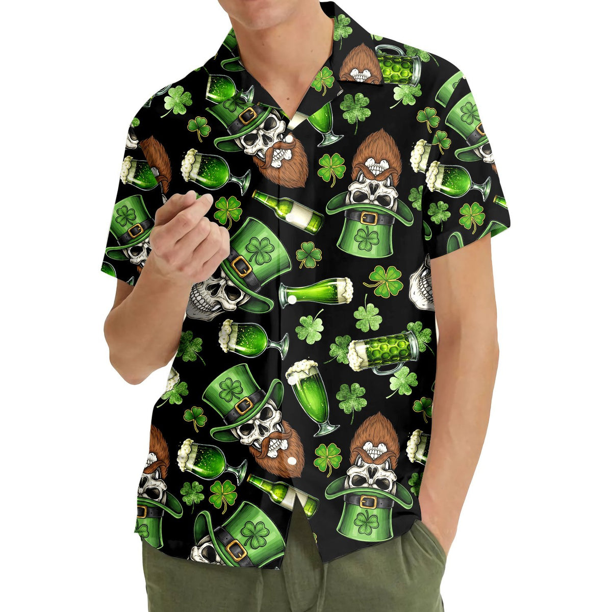 Lifestyle view of the St. Patrick's day hawaiian shirt being worn