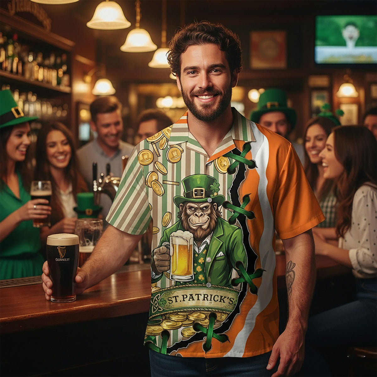 Full lifestyle view showcasing the St. Patrick's Day monkey beer Hawaiian shirt