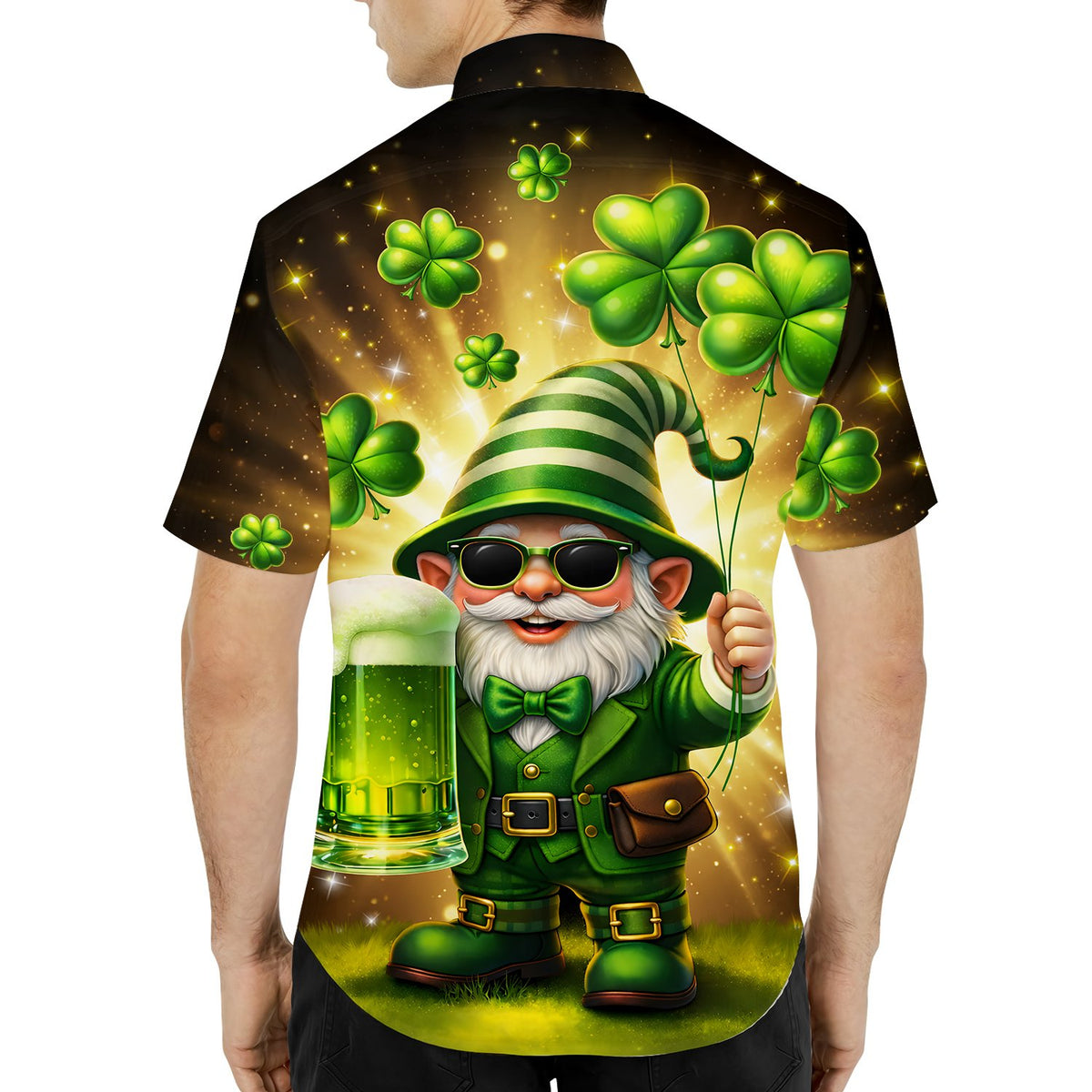 Third lifestyle view highlighting the festive leprechaun design on the hawaiian shirt