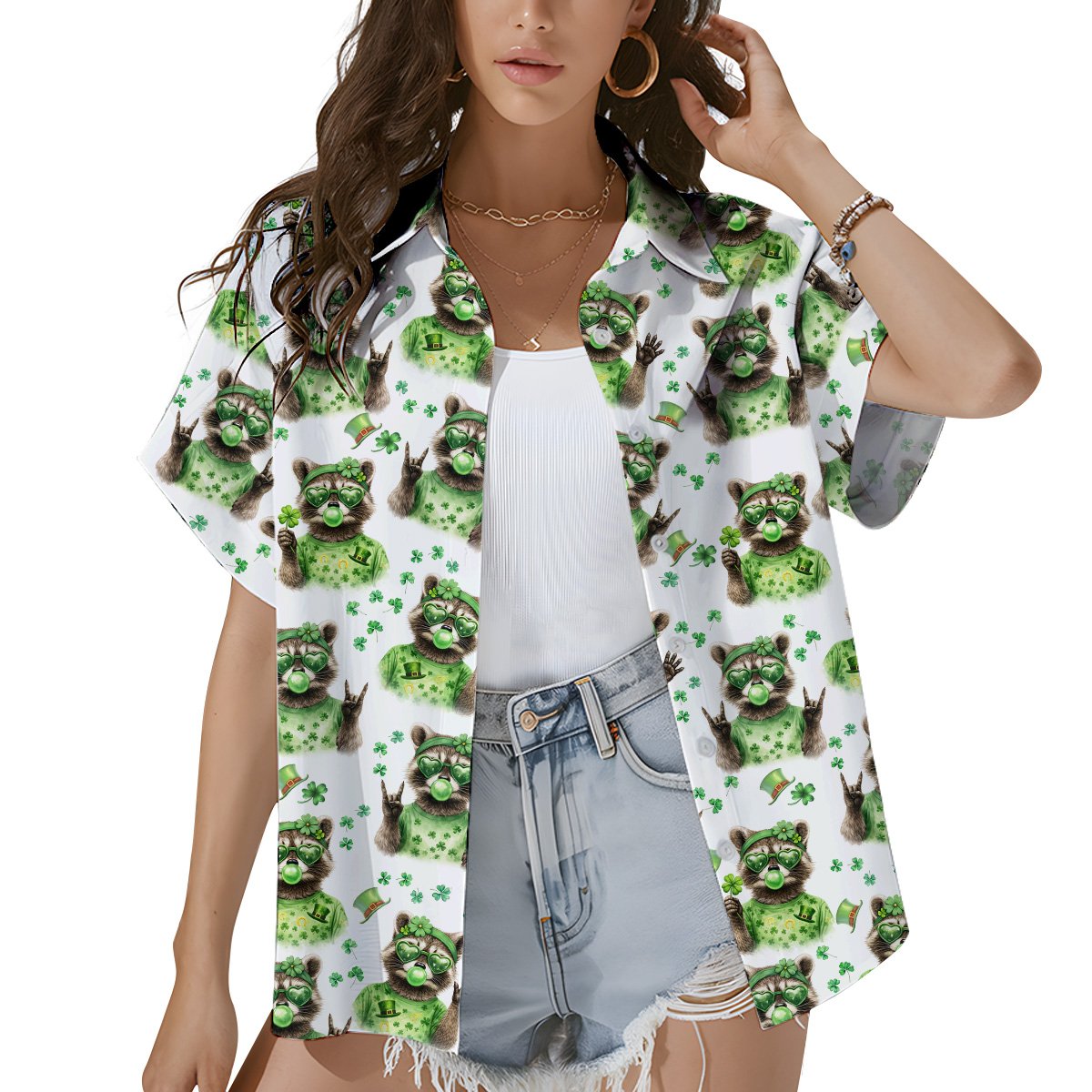Another lifestyle view showcasing the matching family hawaiian shirts with St. Patrick's Day raccoons