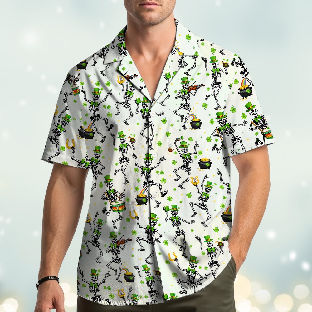 Another lifestyle view showing the St. Patrick's Day skeletons hawaiian shirt in a casual setting