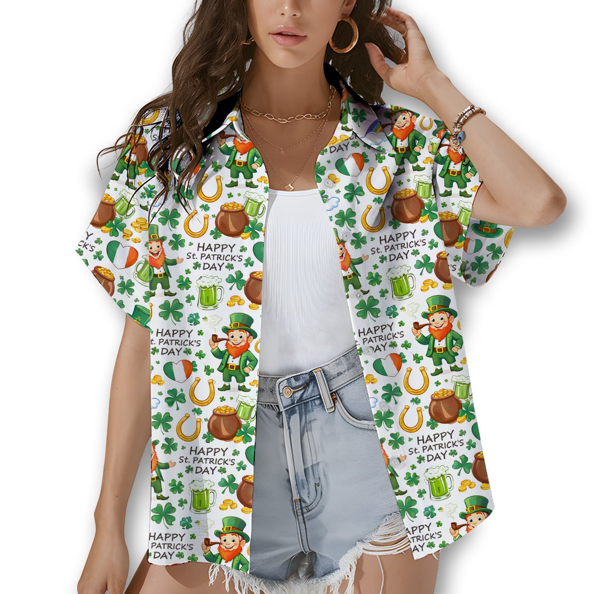 Second lifestyle view of a person wearing the St. Patrick's Day hawaiian shirt