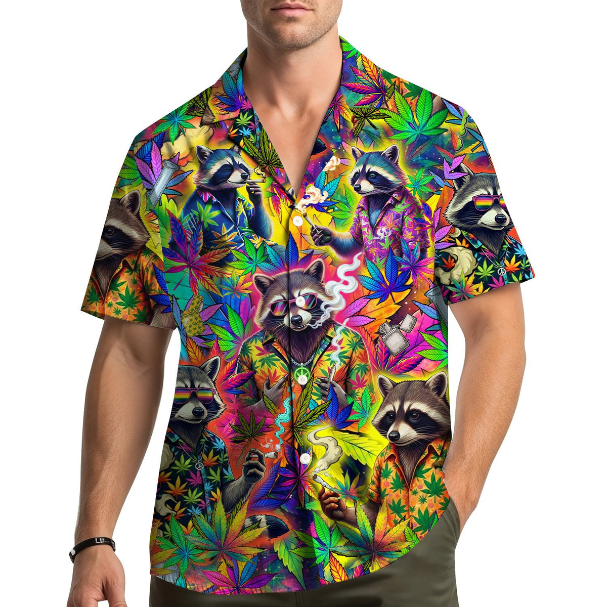 Lifestyle view showing the stoner raccoons weed hawaiian shirt worn in a casual setting
