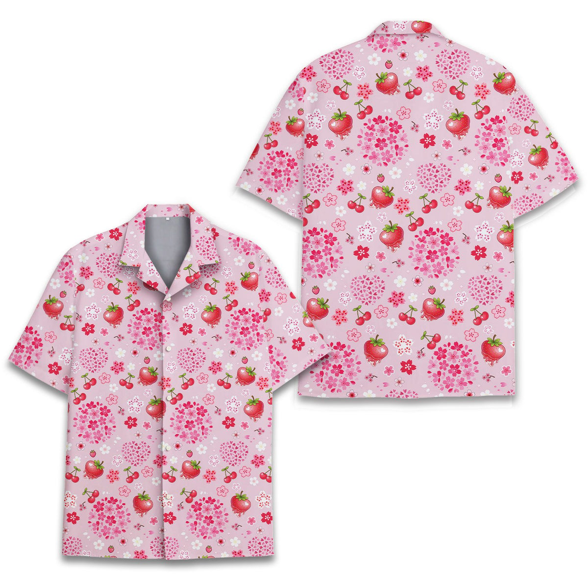 Close up view of the fabric details on the strawberry floral hawaiian shirt