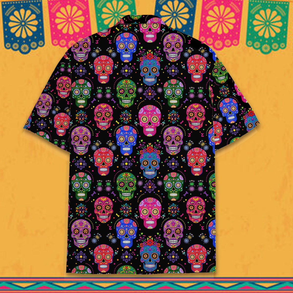 Alternate back view showing the full sugar skulls and floral pattern
