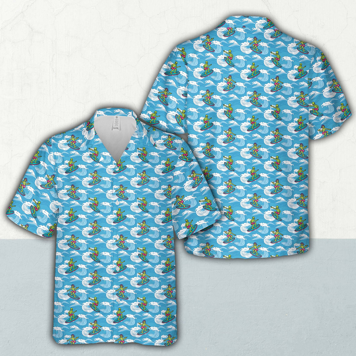Another detail view of the blue hawaiian shirt pattern