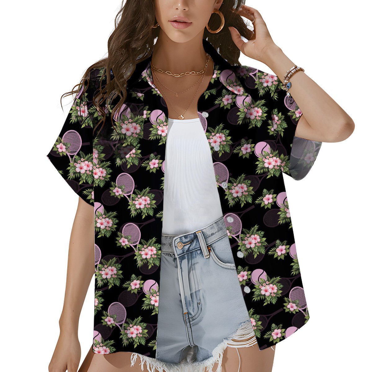 Another lifestyle view of the tennis floral hawaiian shirt being worn
