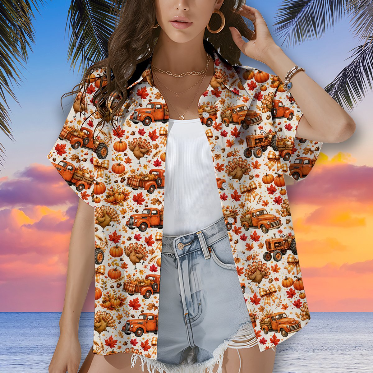 Close-up lifestyle view of the white Thanksgiving Hawaiian shirt being worn
