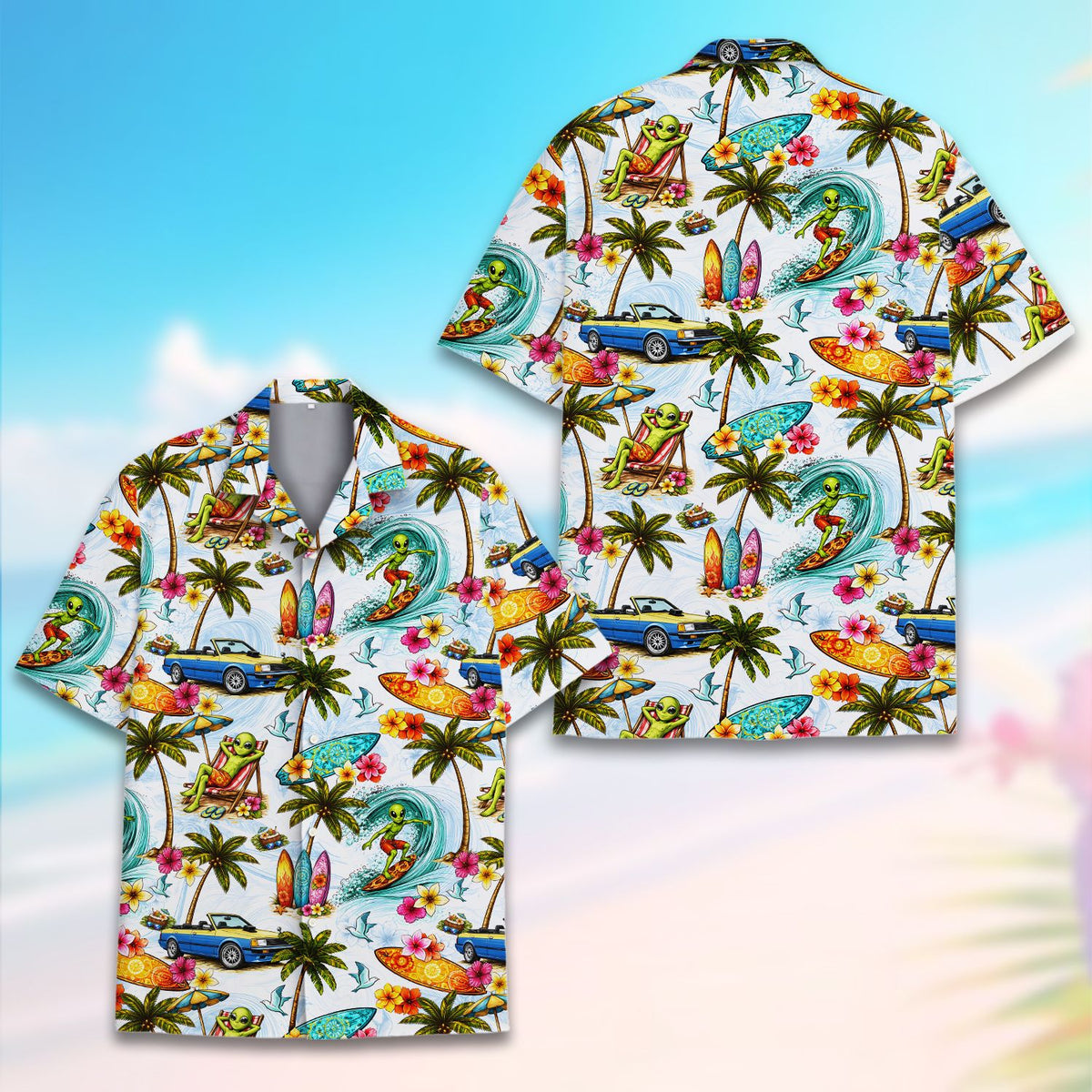 Additional detail view of the tropical alien hawaiian shirt fabric