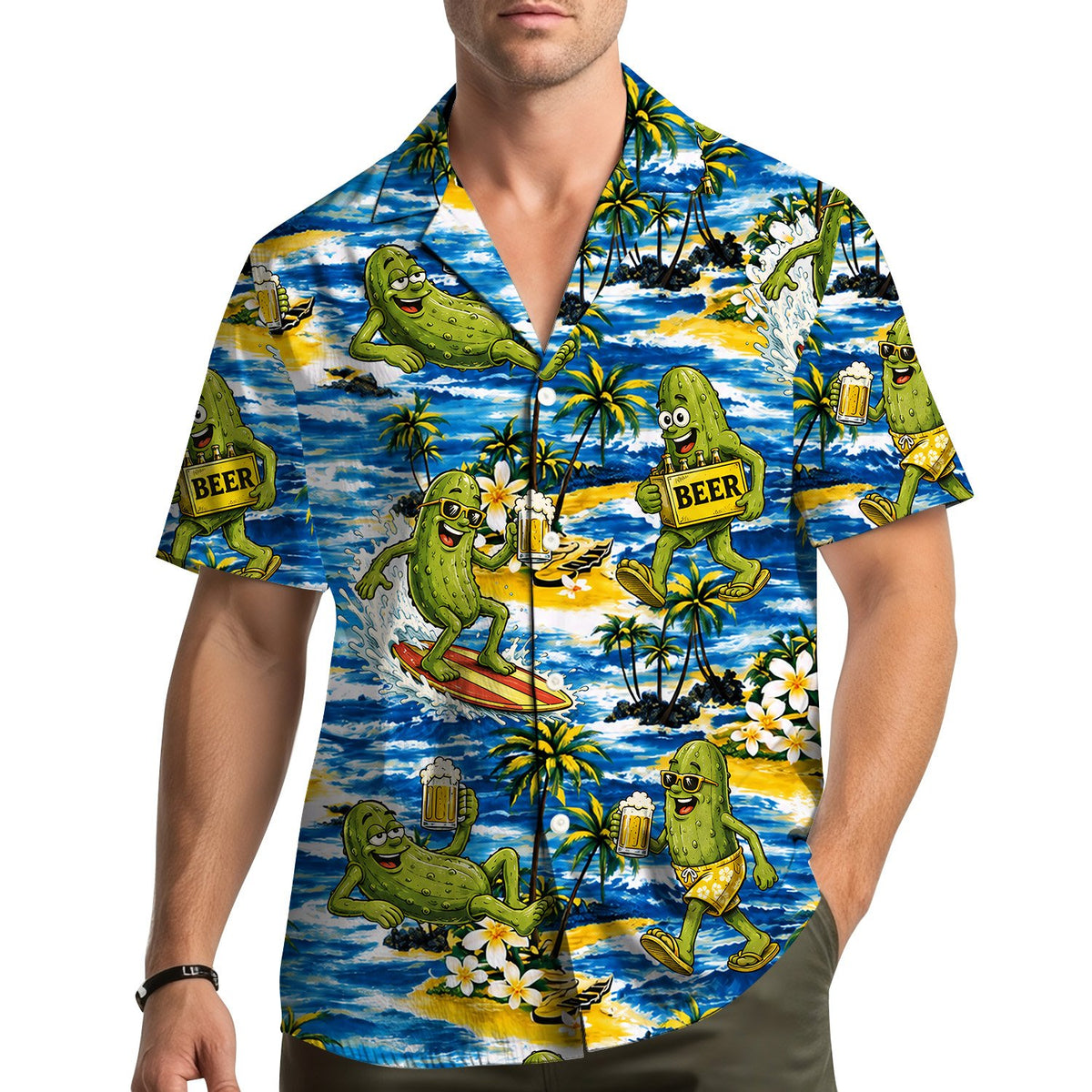 Second lifestyle view of the fun surfing pickle hawaiian shirt in a summer setting