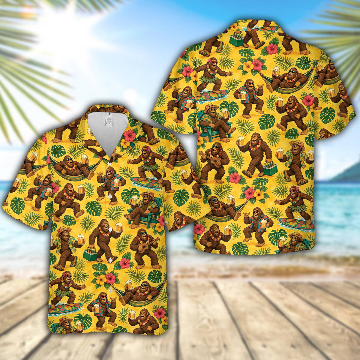 Yellow tropical hawaiian shirt with Bigfoot enjoying a tropical vacation, front view