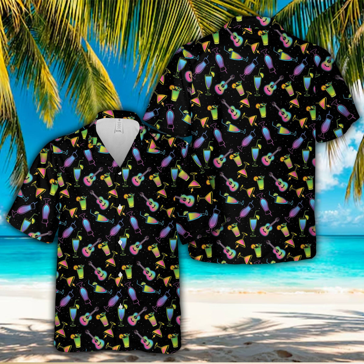 Alternative view of the black tropical hawaiian shirt design