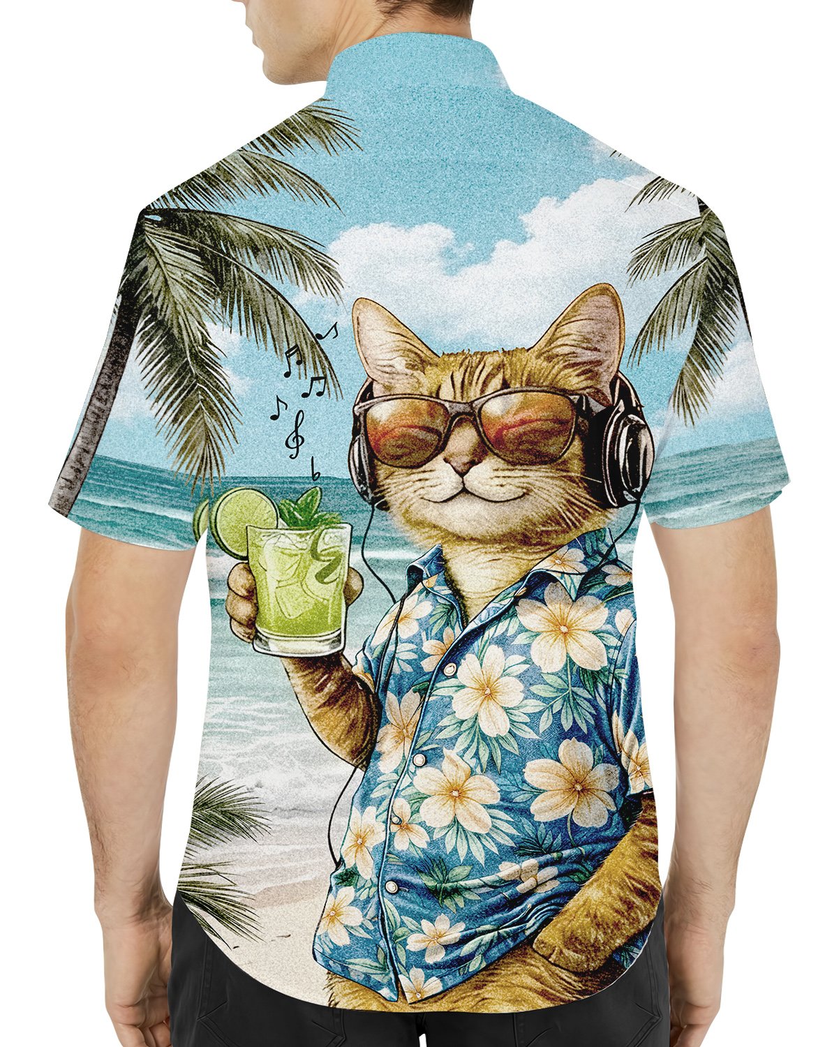 Close-up lifestyle view of the matching family Hawaiian shirt in a summer setting