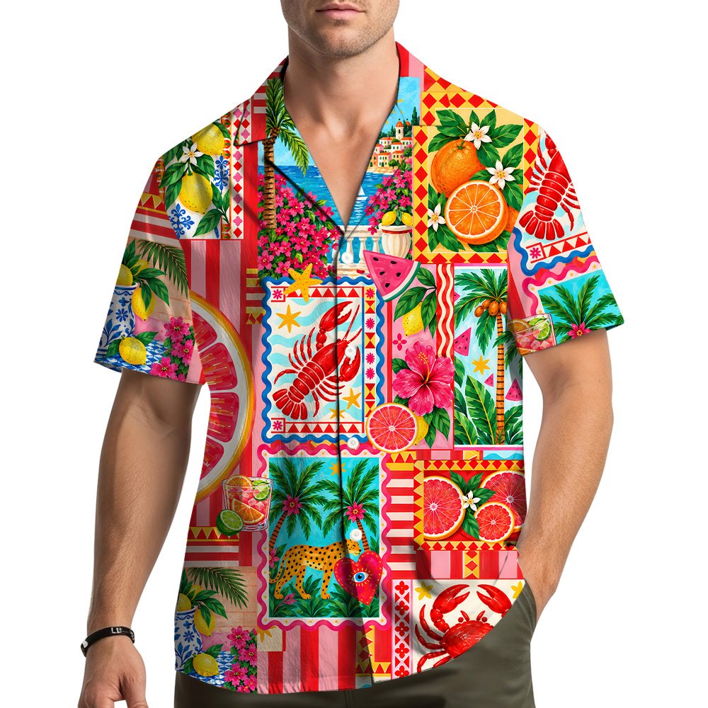 Another lifestyle view showing the vibrant tropical coastal leopard shirt in a casual setting
