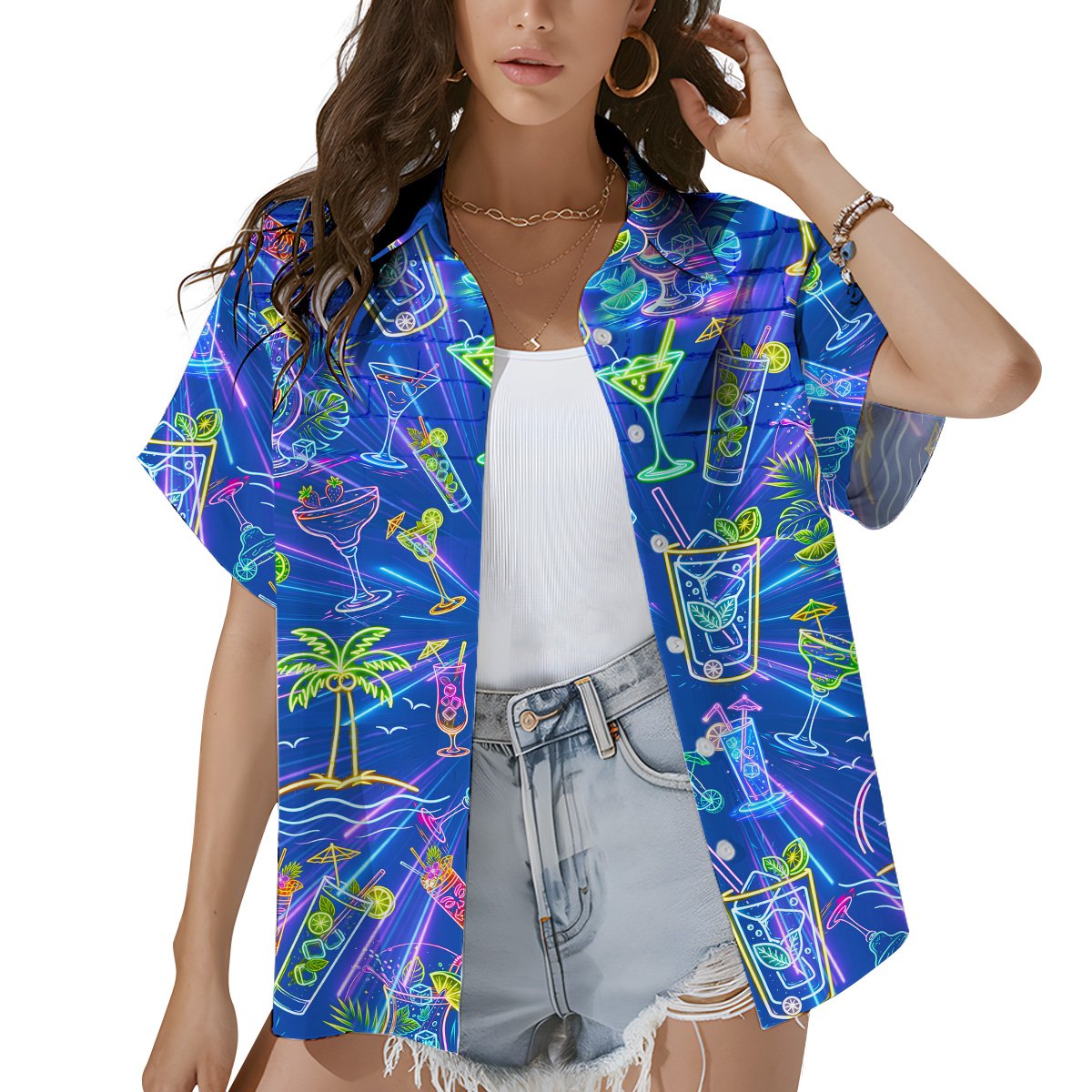 Lifestyle shot of person in a vibrant blue tropical drinks hawaiian shirt