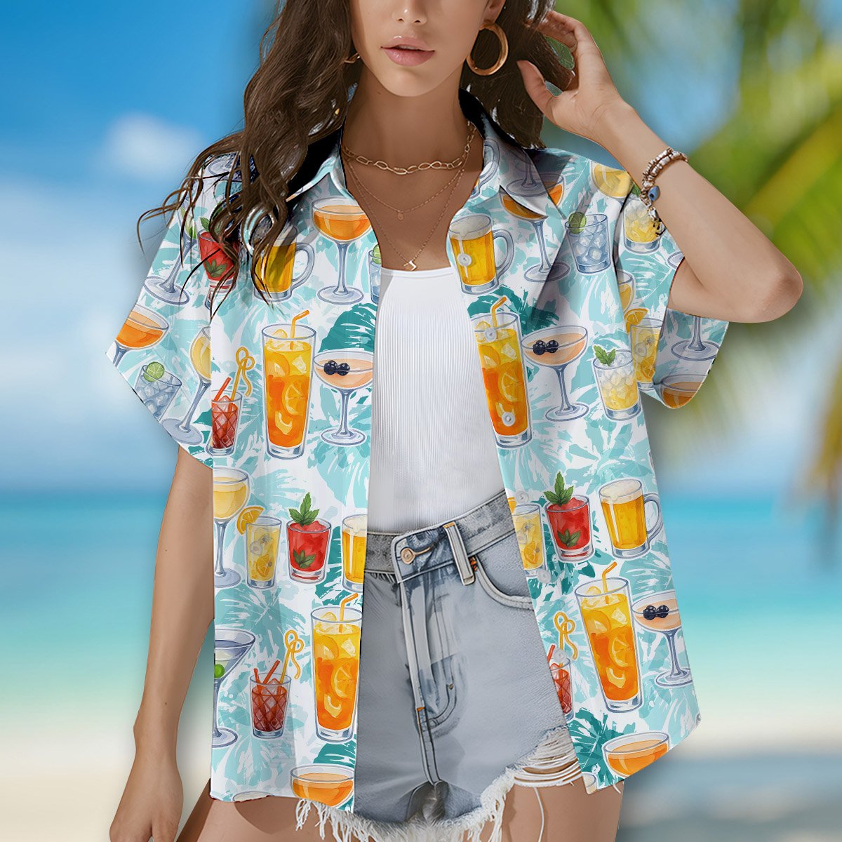 Second lifestyle view of the drinks hawaiian shirt in a summer setting