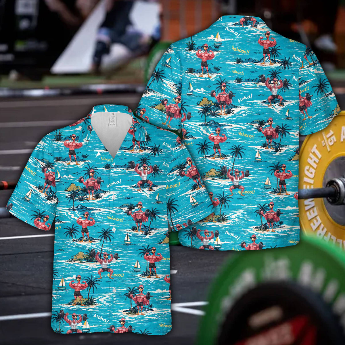 Front view of the tropical fitness hawaiian shirt layout