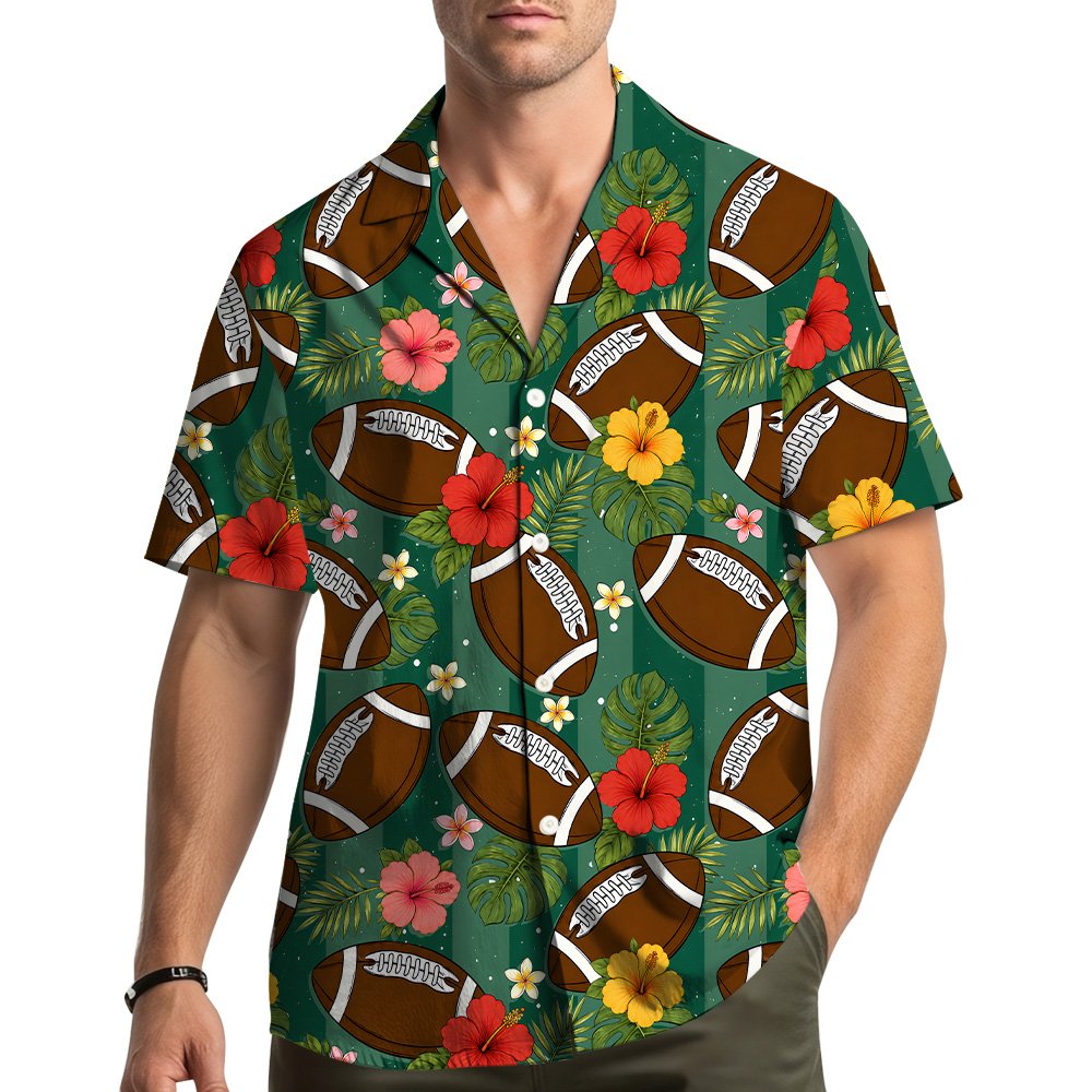 Third lifestyle view showing the matching family Hawaiian shirts in a summer setting