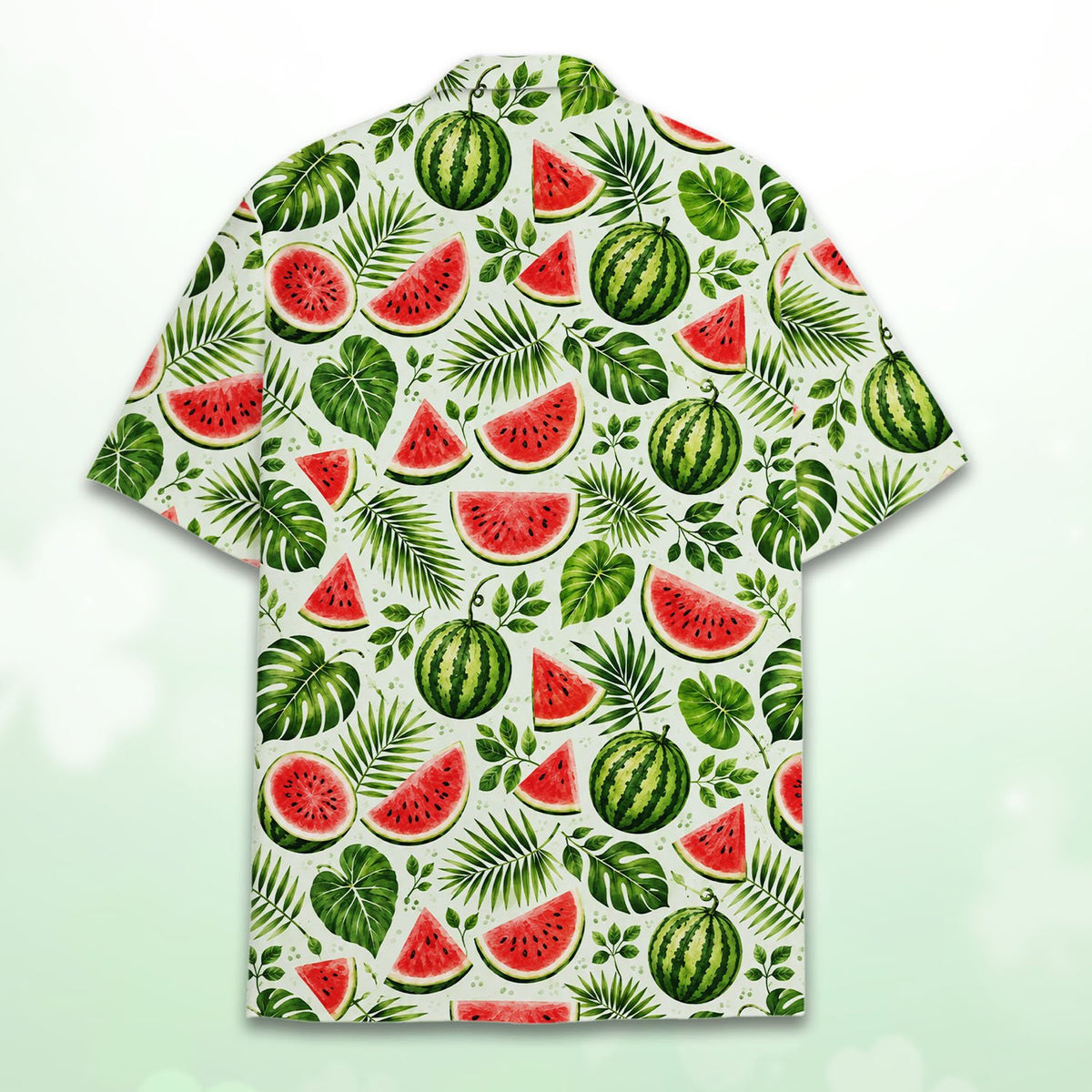 Close-up back view showing the green leaves and watermelon pattern