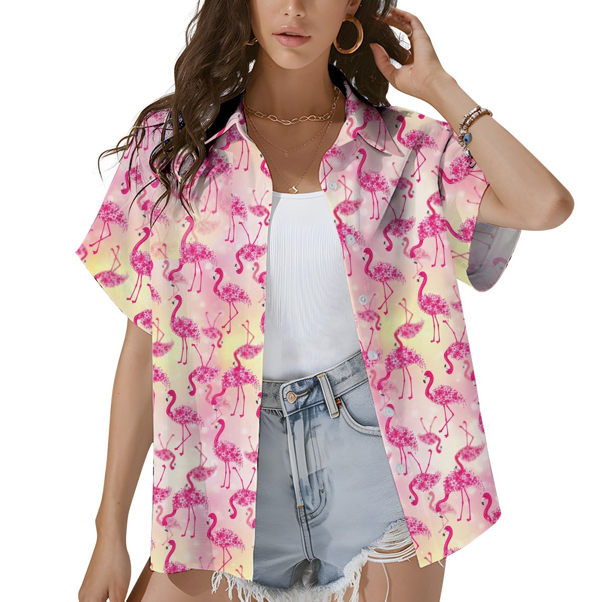 Lifestyle shot of someone modeling the tropical floral hawaiian shirt in a summer setting