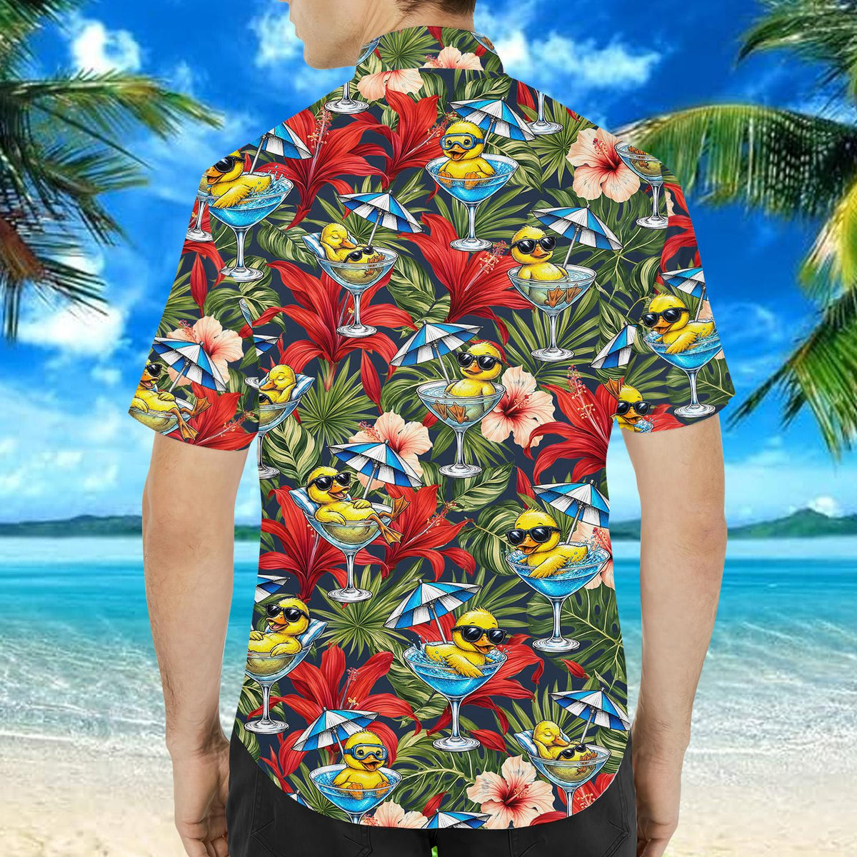 Man posing in the Hawaiian floral shirt men outdoors