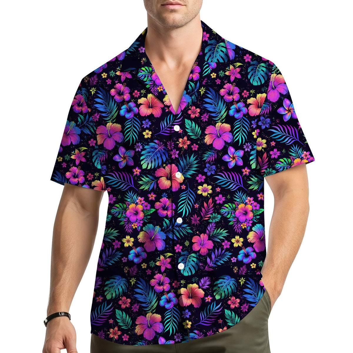 Lifestyle view of people wearing the matching family hawaiian shirts