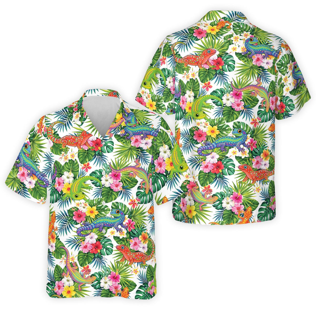 Close up front view of white tropical gecko hawaiian shirt