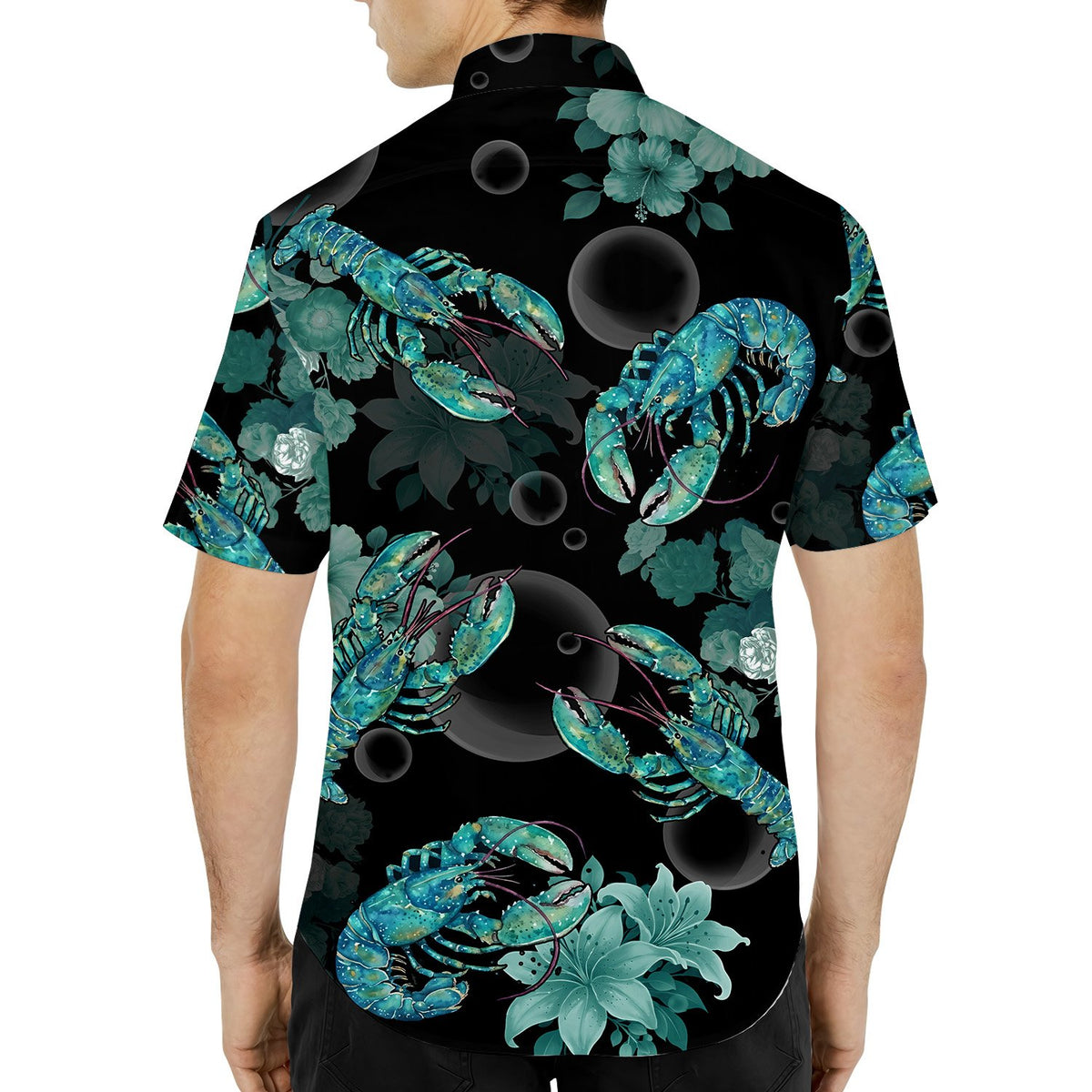 Close-up lifestyle view of the black tropical lobster hawaiian shirt