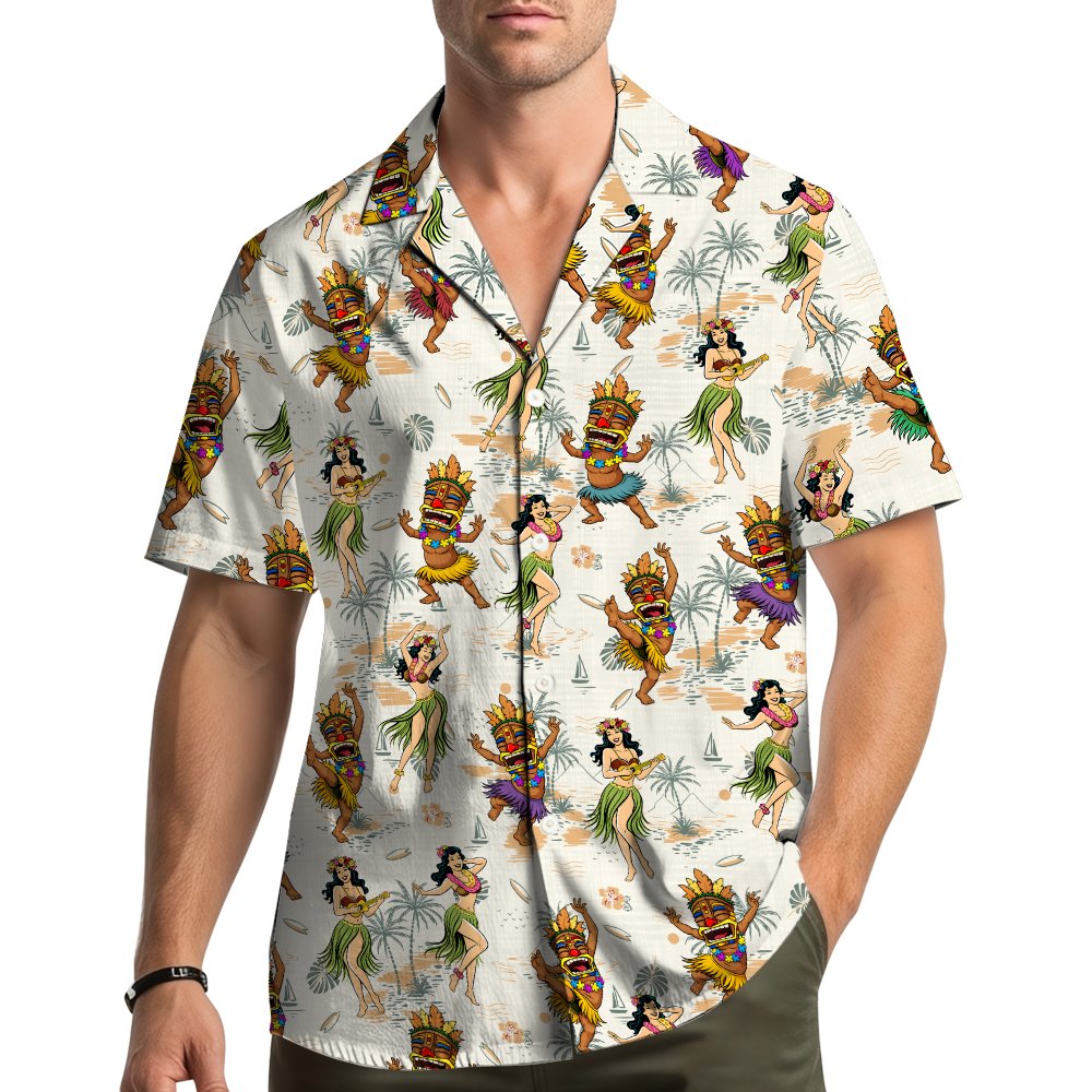 Family enjoying the summer in their matching tropical luau hawaiian shirts