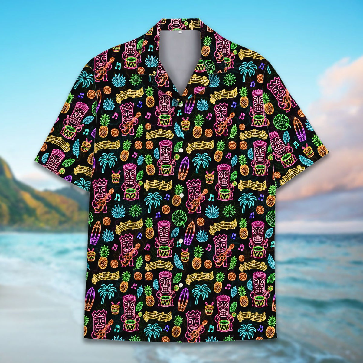 Lifestyle shot of the tropical luau Hawaiian shirt at a summer gathering