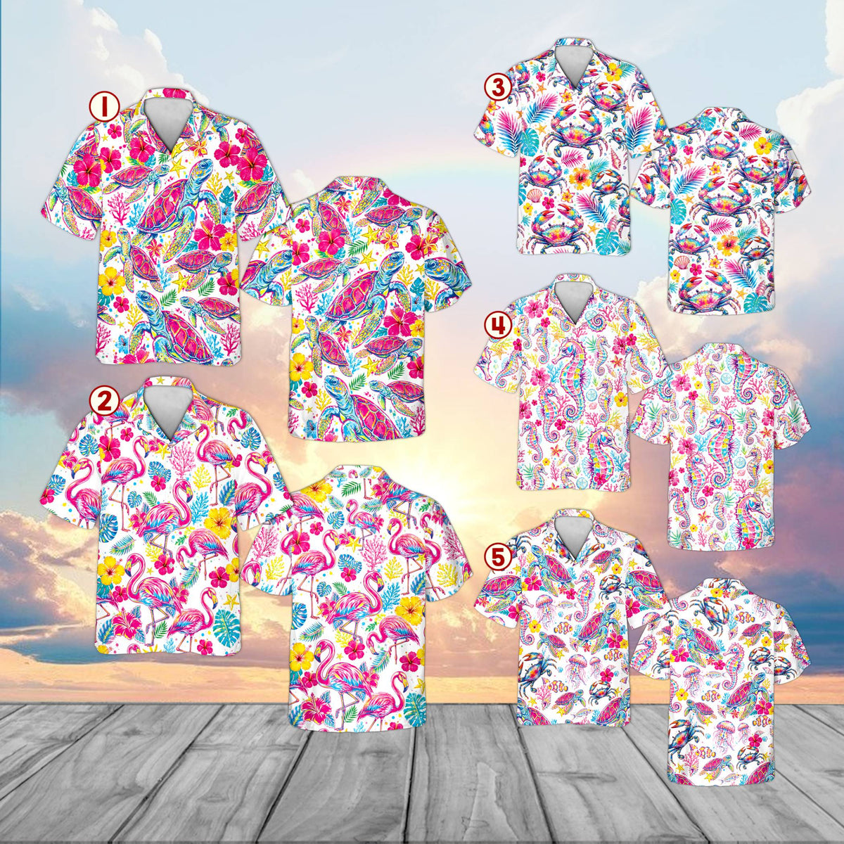Close-up front view of the colorful marine life design on the hawaiian shirt