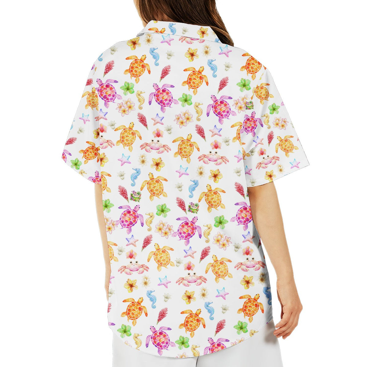Fun lifestyle view showing the vibrant watercolor print of the tropical hawaiian shirt