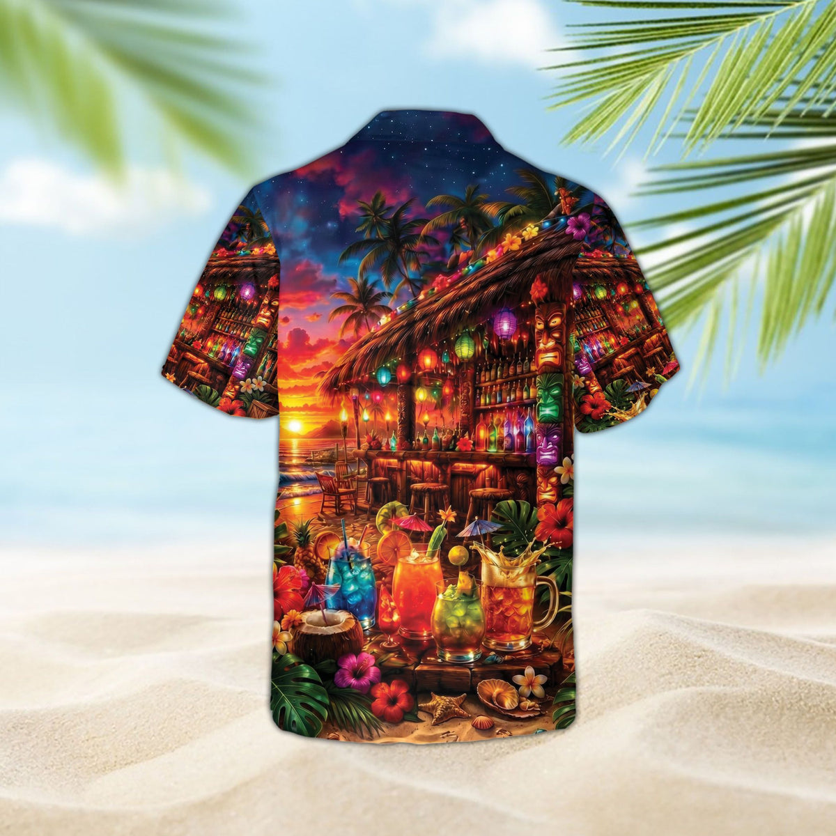 Tropical beach bar hawaiian shirt, back view