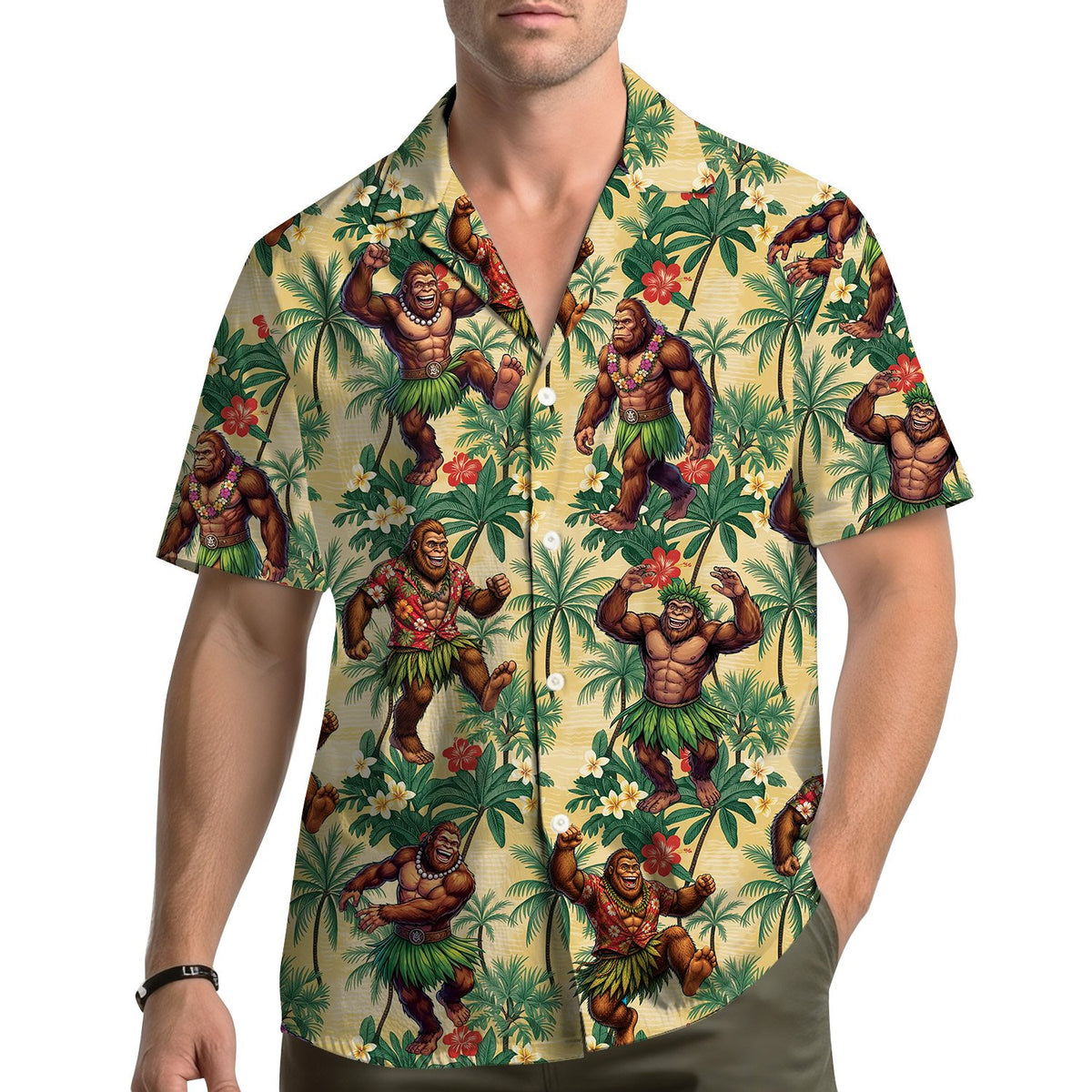 Another lifestyle shot of the family matching tropical hawaiian shirt in a summer setting.