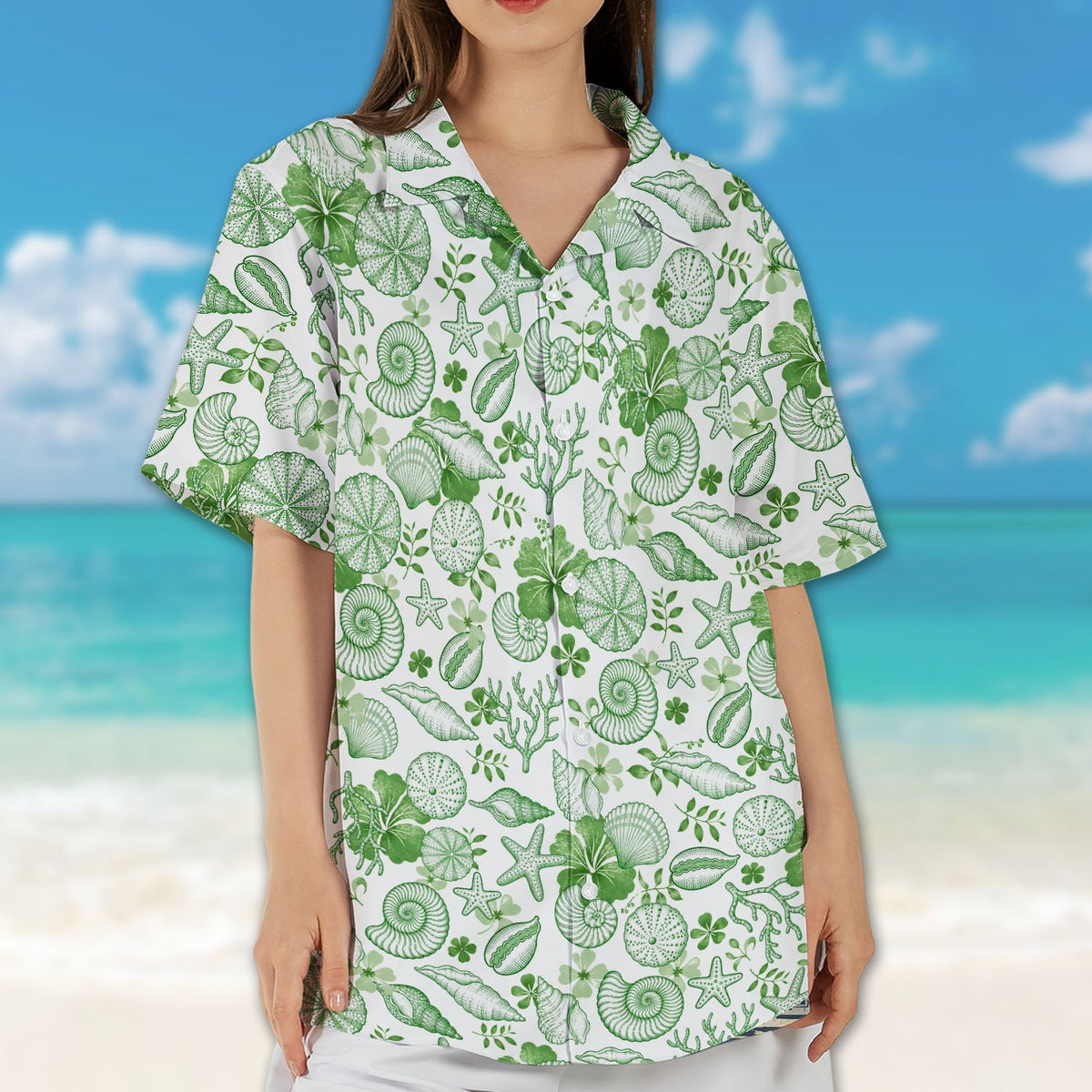 White Hawaiian shirt green seashell print matching family lifestyle view