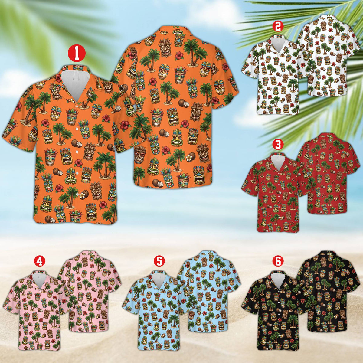 Multicolor tropical hawaiian shirt showing the repeating tiki mask and palm tree pattern