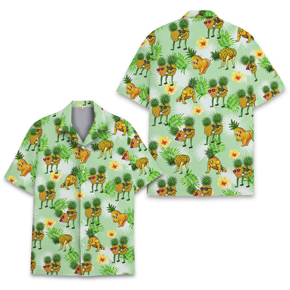 Close-up detail of the humorous pineapple and hibiscus print on the tropical Hawaiian shirt