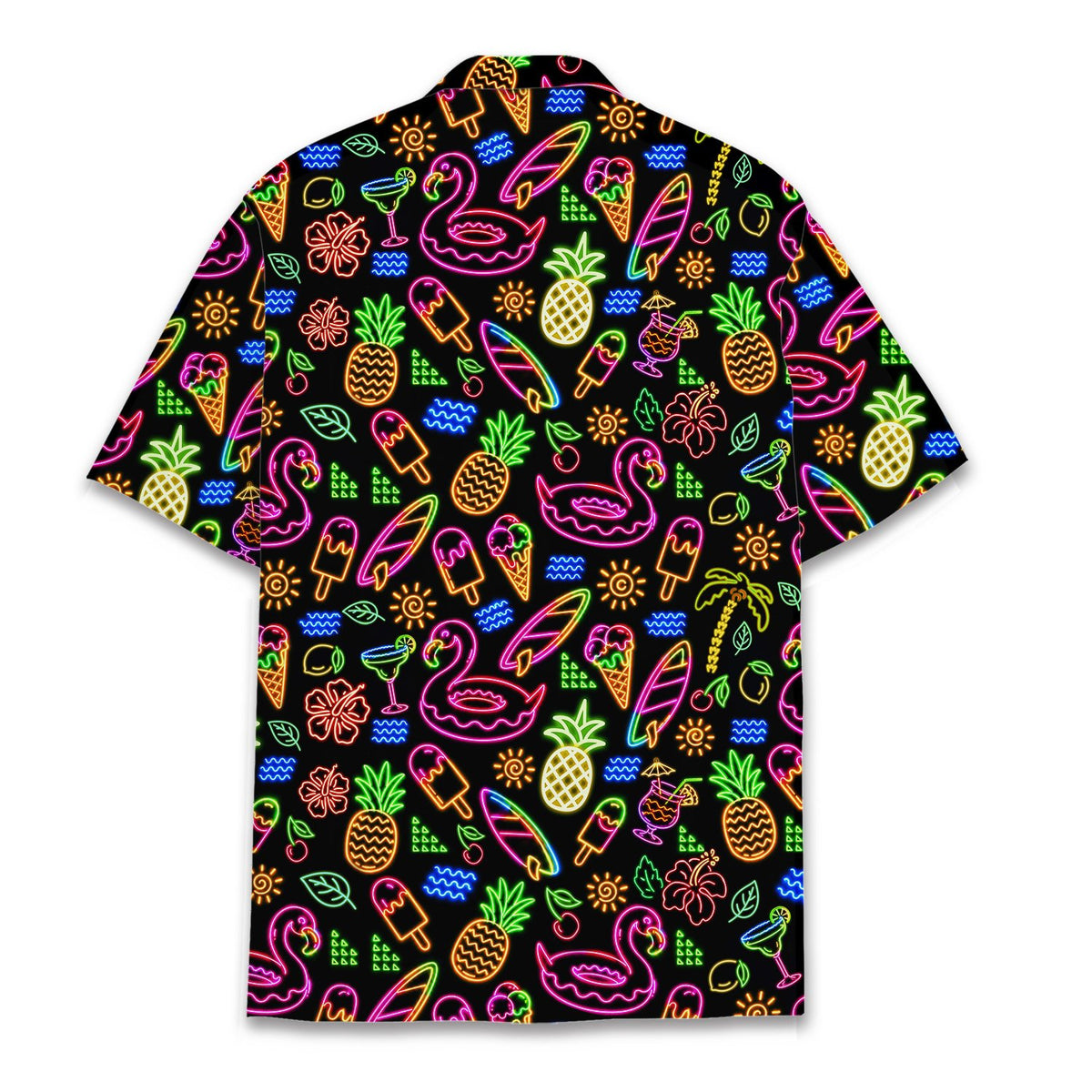 Back view of the personalized tropical neon hawaiian shirt with custom text