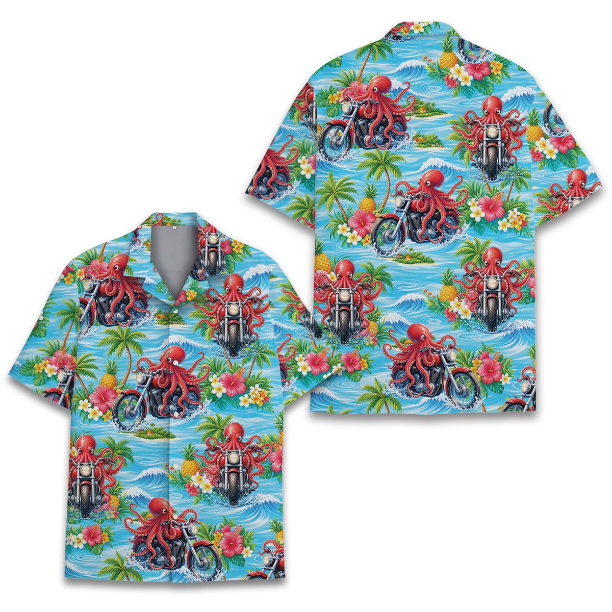 Alternative view of the tropical octopus motorcycle hawaiian shirt fabric details