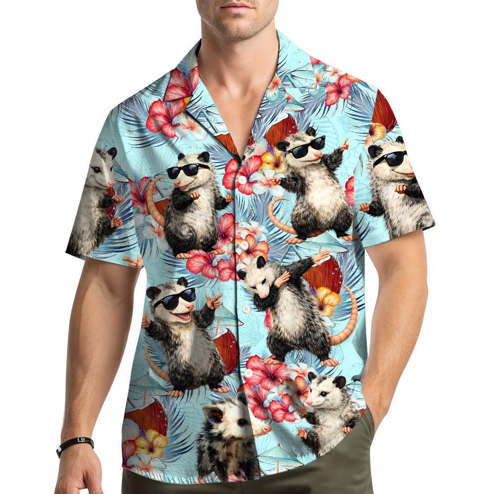 Lifestyle view of the tropical possum hawaiian shirt being worn