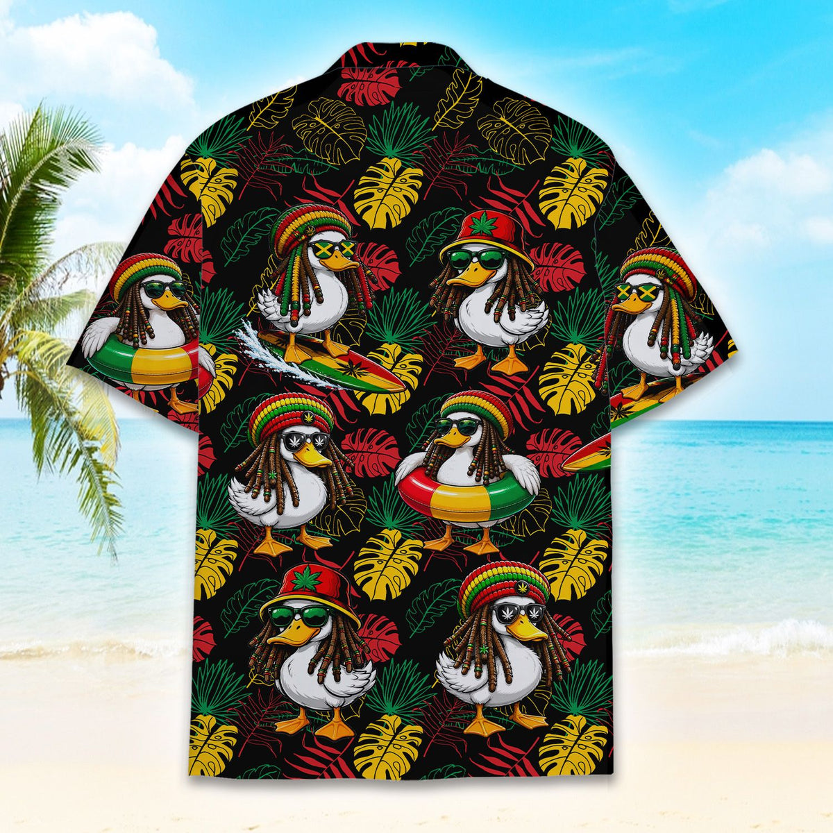 A family wearing the tropical rasta duck hawaiian shirts while enjoying a summer day.