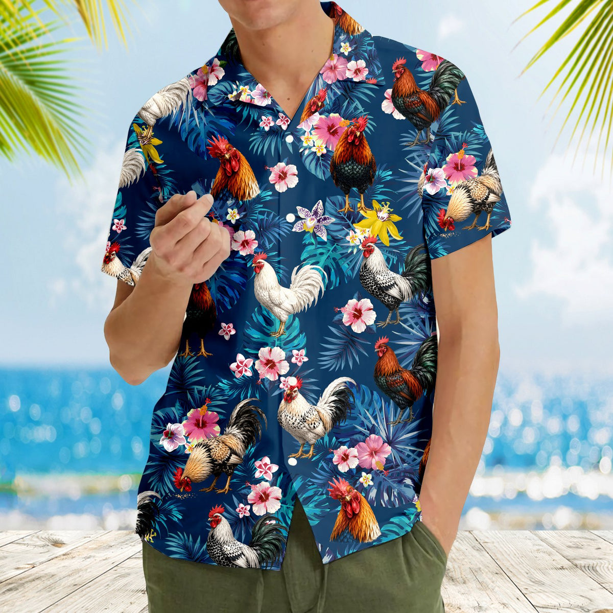 Group wearing navy tropical hawaiian shirts at a summer event