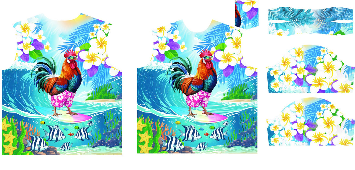 Close-up view of the tropical rooster surfing hawaiian shirt fabric and print details