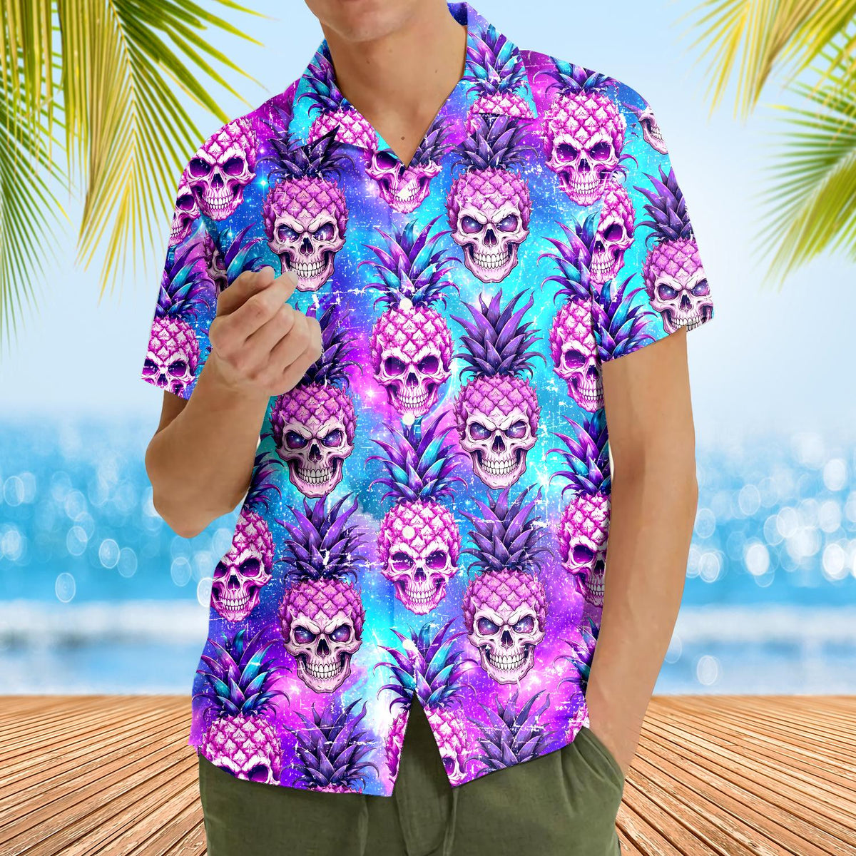 Fourth lifestyle shot of the hawaiian shirt in a summer setting